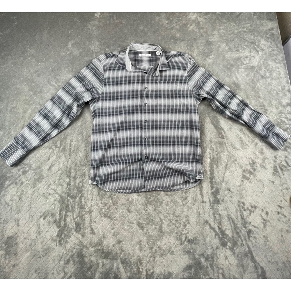 Tommy Bahama Mens Cotton Silk Blend Medium Gray White Stripe Button Down Shirt M